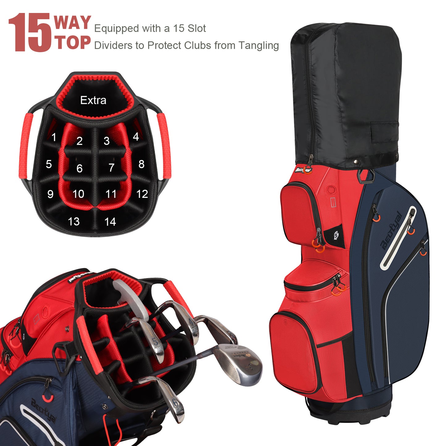 15-Way Golf Cart Bag with Cooler, Handles, Rain Cover & Divider System