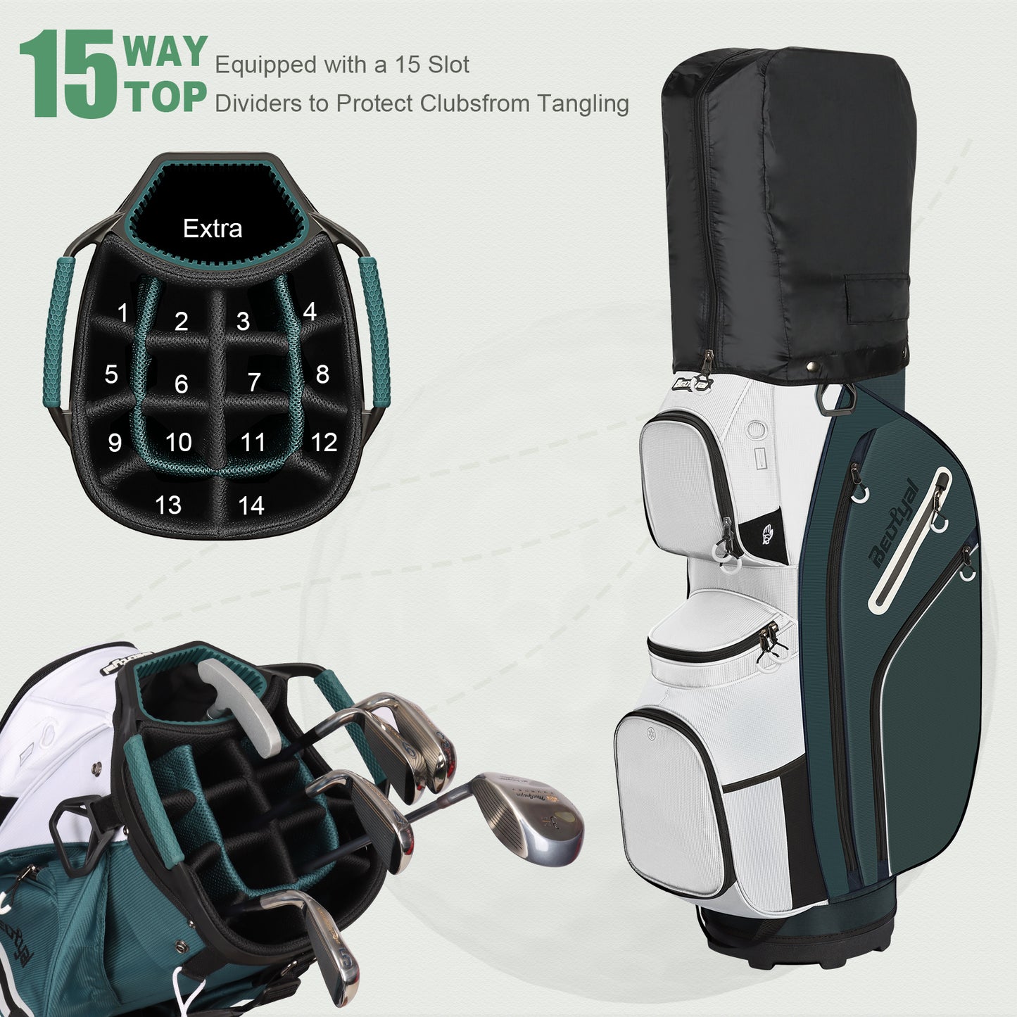 15-Way Golf Cart Bag with Cooler, Handles, Rain Cover & Divider System