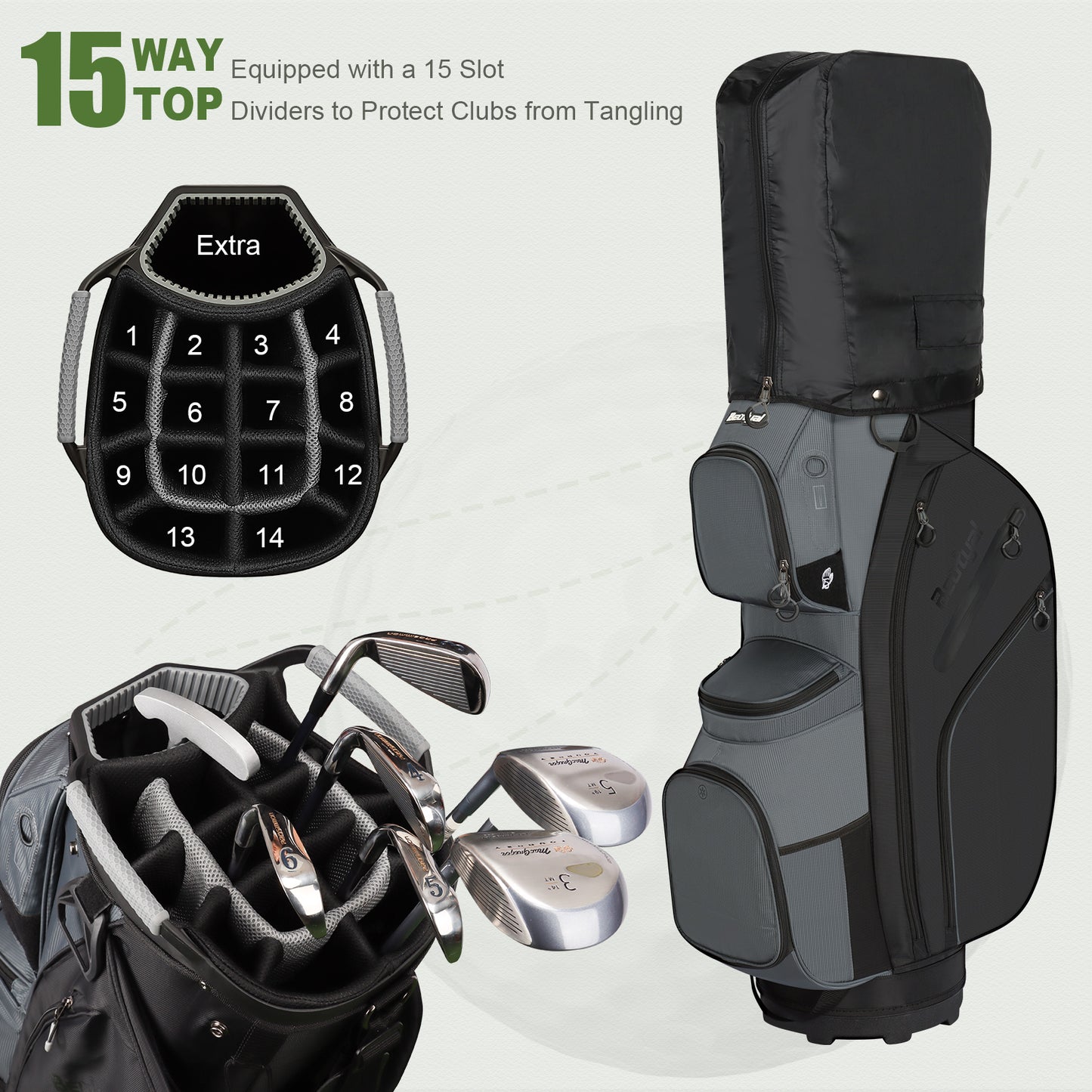 15-Way Golf Cart Bag with Cooler, Handles, Rain Cover & Divider System