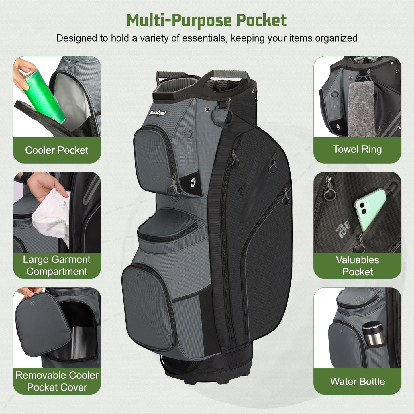 15-Way Golf Cart Bag with Cooler, Handles, Rain Cover & Divider System