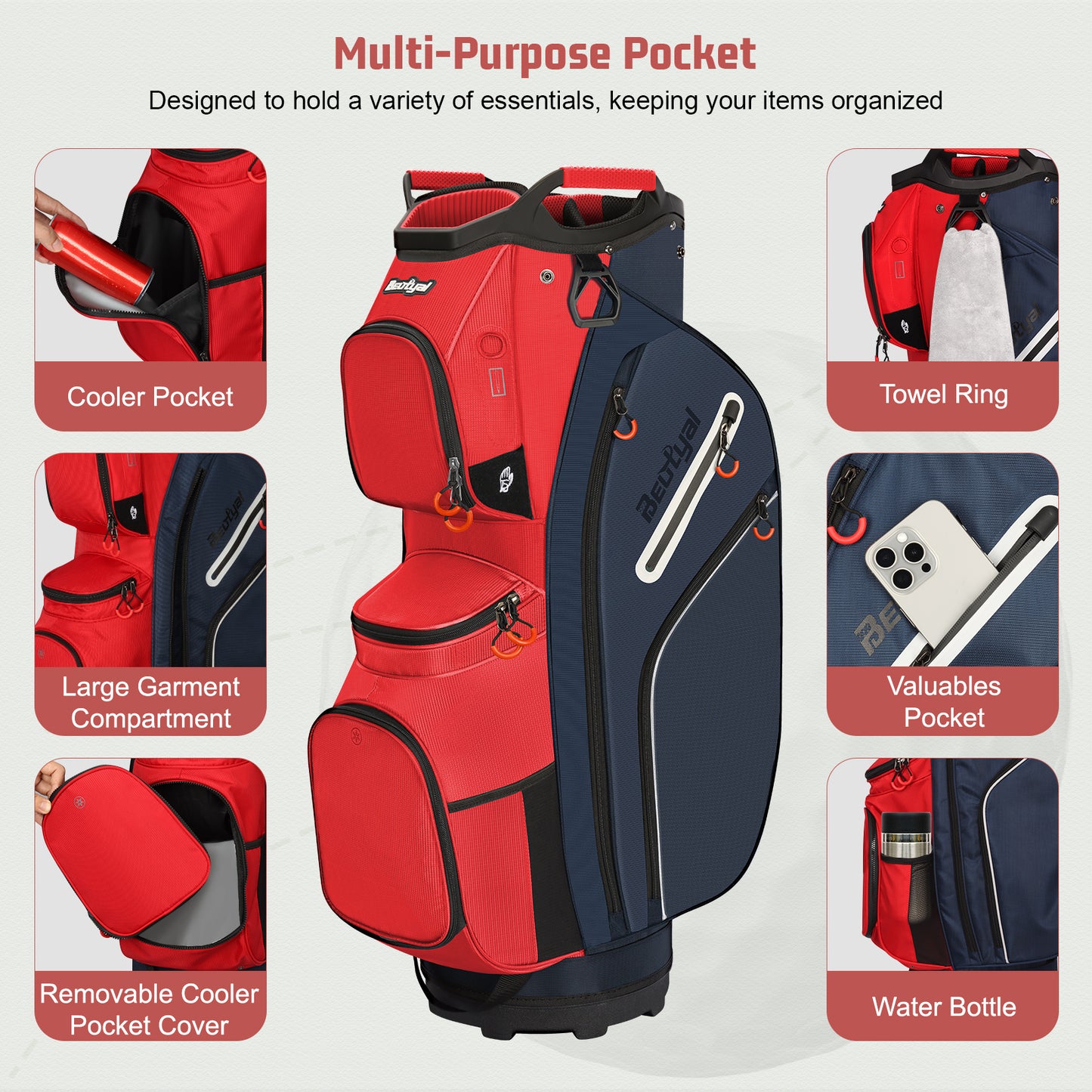 15-Way Golf Cart Bag with Cooler, Handles, Rain Cover & Divider System