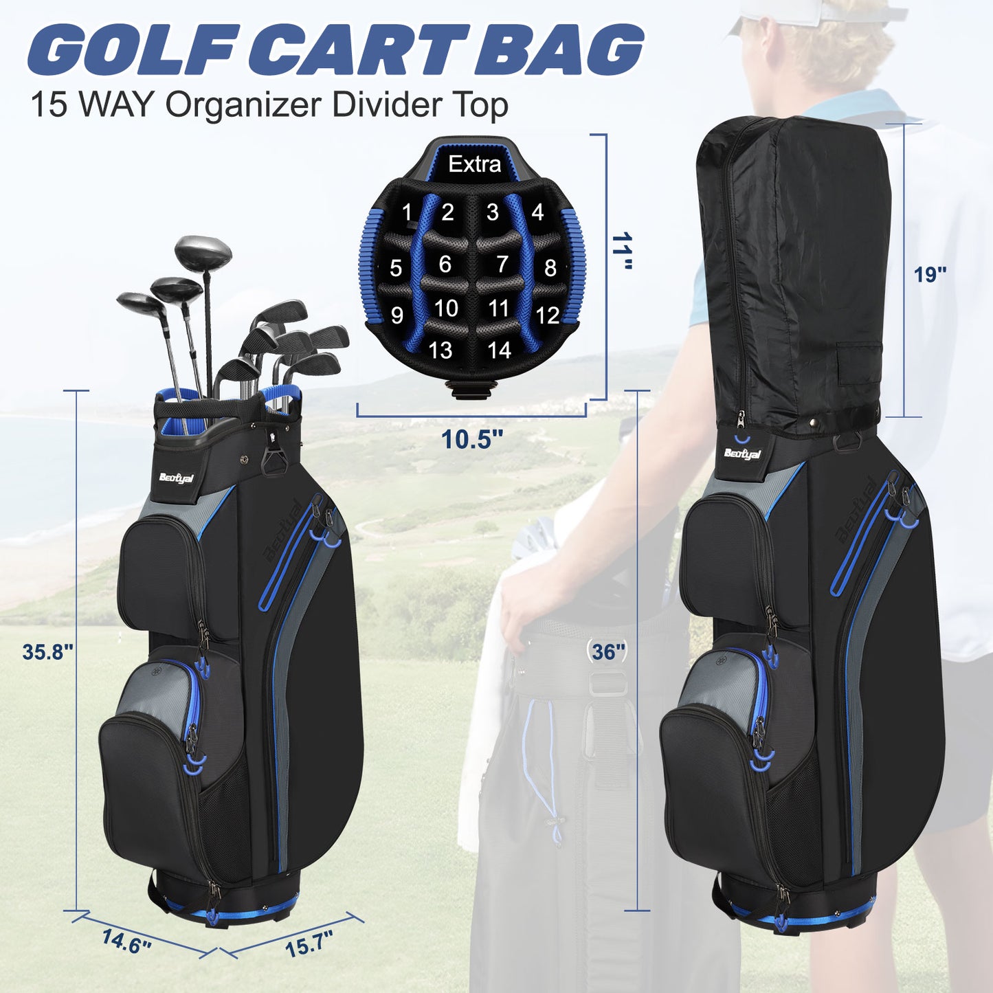 15-Way Golf Cart Bag with Cooler & Rain Cover – Lightweight for Men & Women