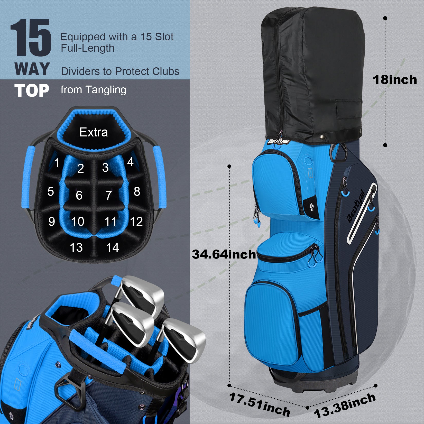 15-Way Golf Cart Bag with Cooler, Handles, Rain Cover & Divider System