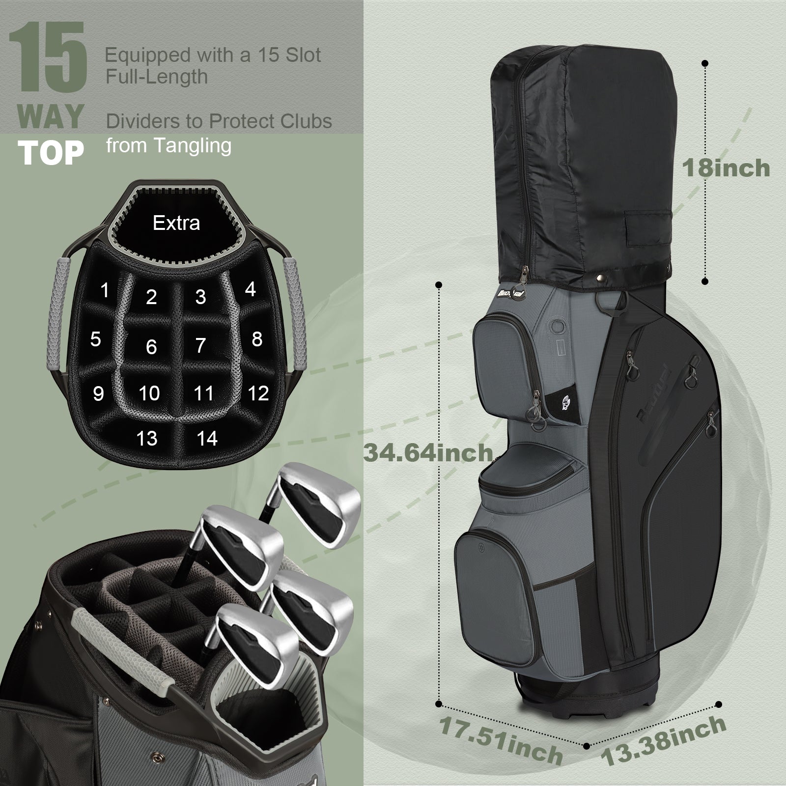 15-Way Golf Cart Bag with Cooler, Handles, Rain Cover & Divider System