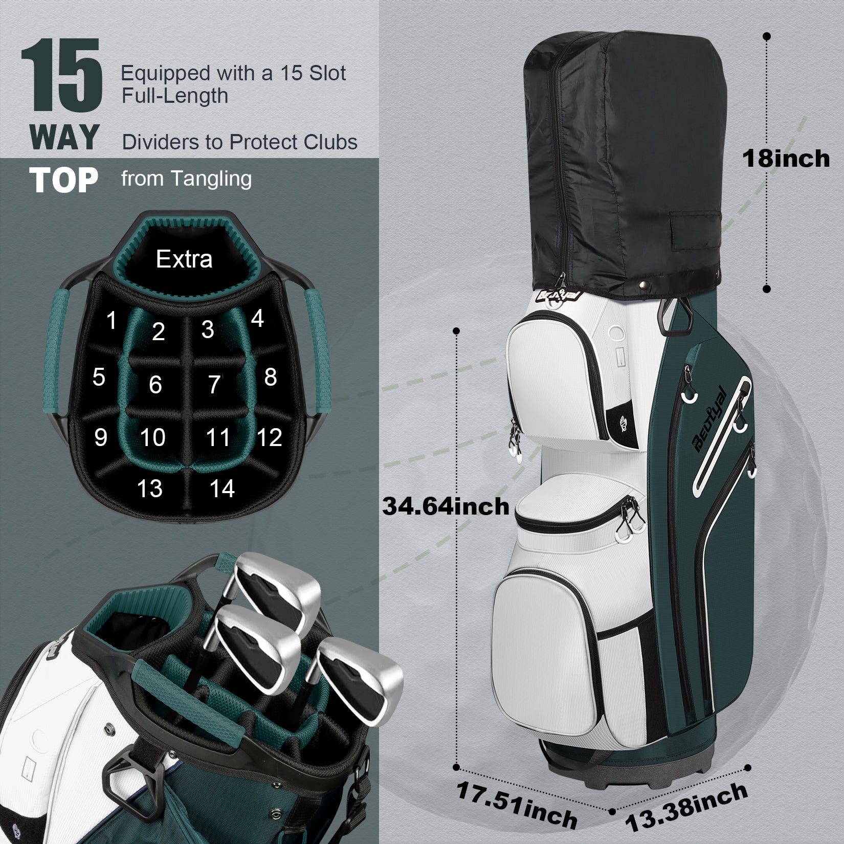 15-Way Golf Cart Bag with Cooler, Handles, Rain Cover & Divider System