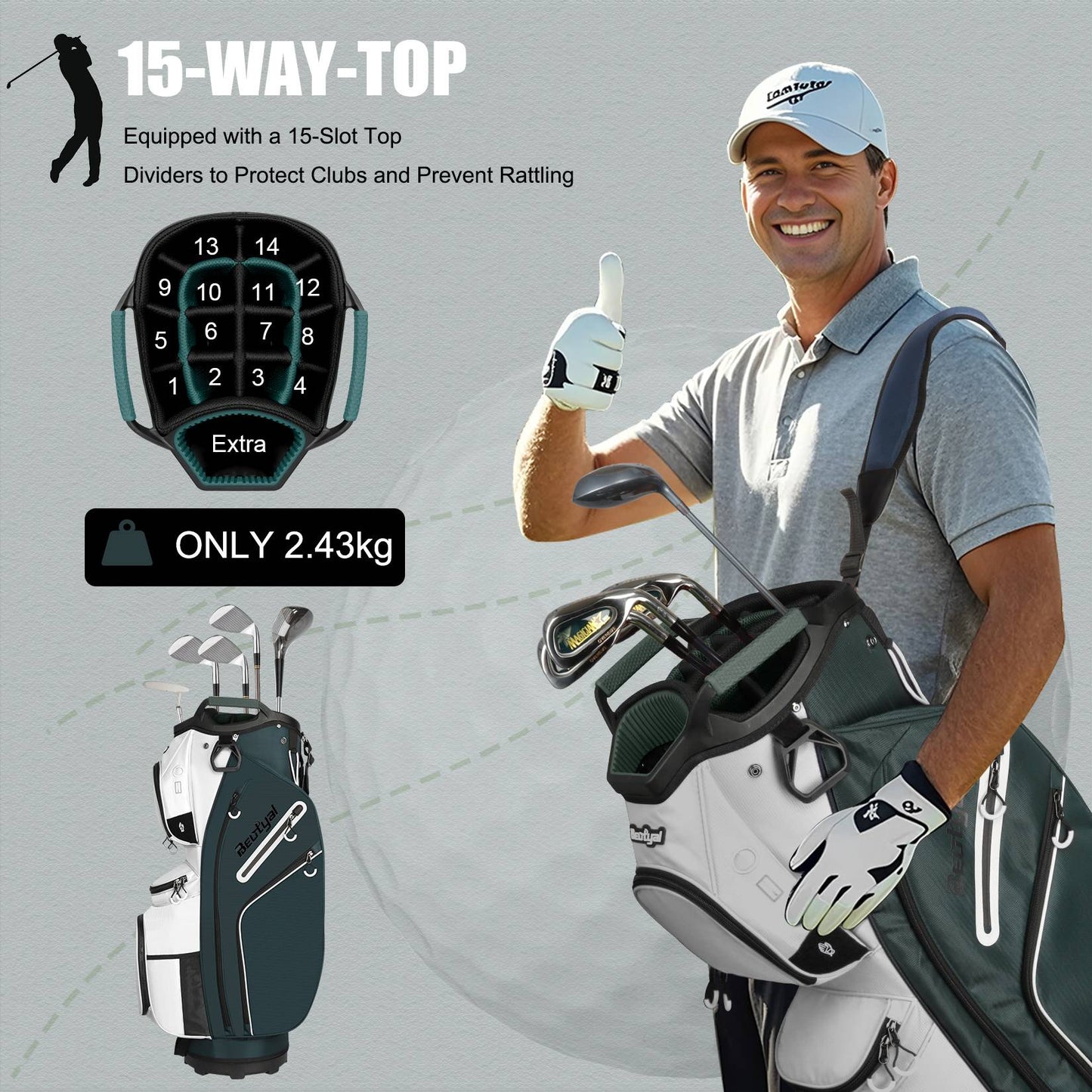 15-Way Golf Cart Bag with Cooler, Handles, Rain Cover & Divider System