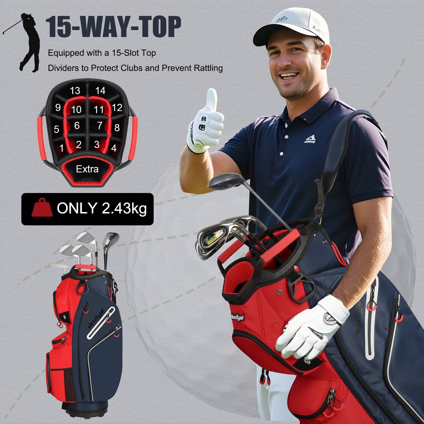 15-Way Golf Cart Bag with Cooler, Handles, Rain Cover & Divider System