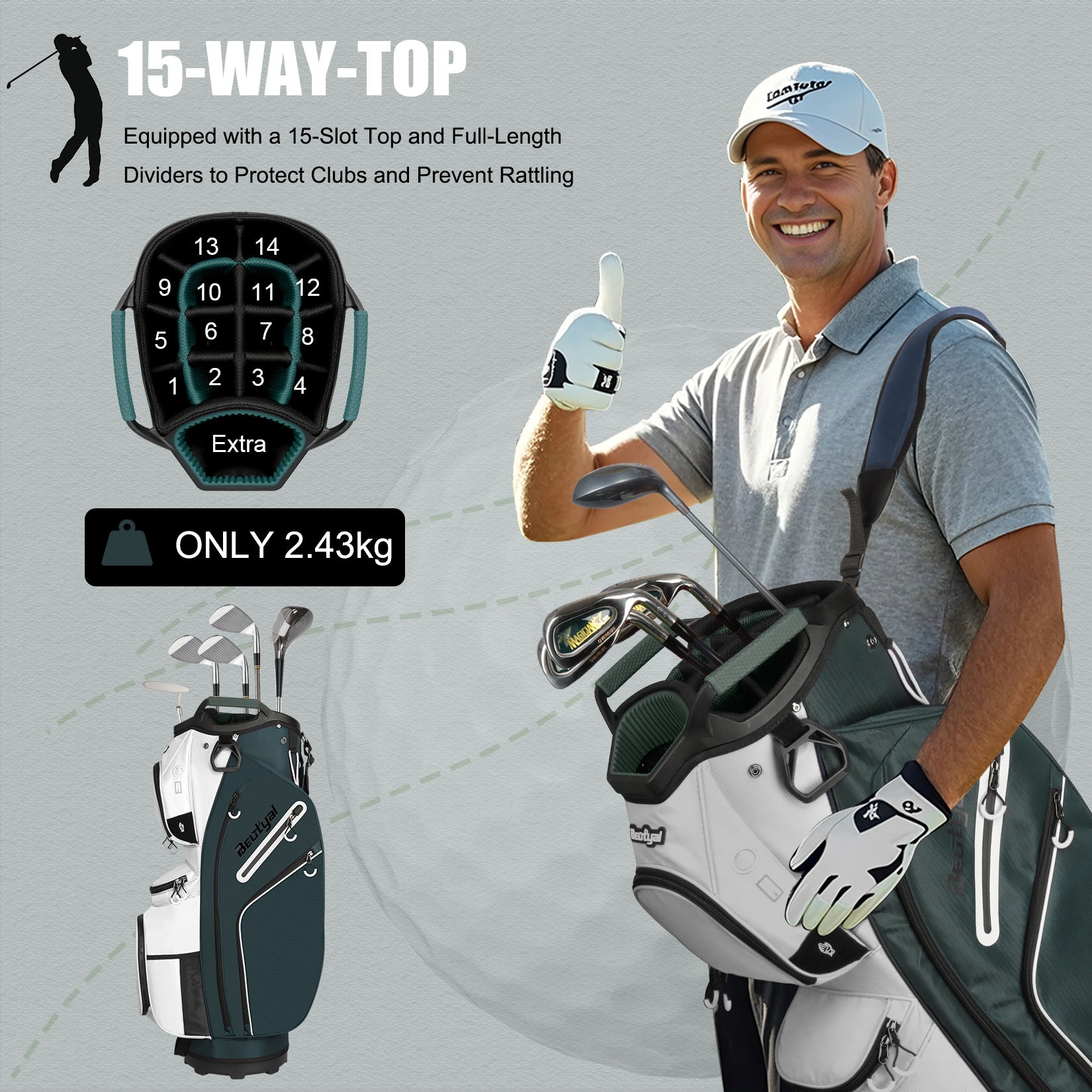15-Way Golf Cart Bag with Cooler, Handles, Rain Cover & Divider System