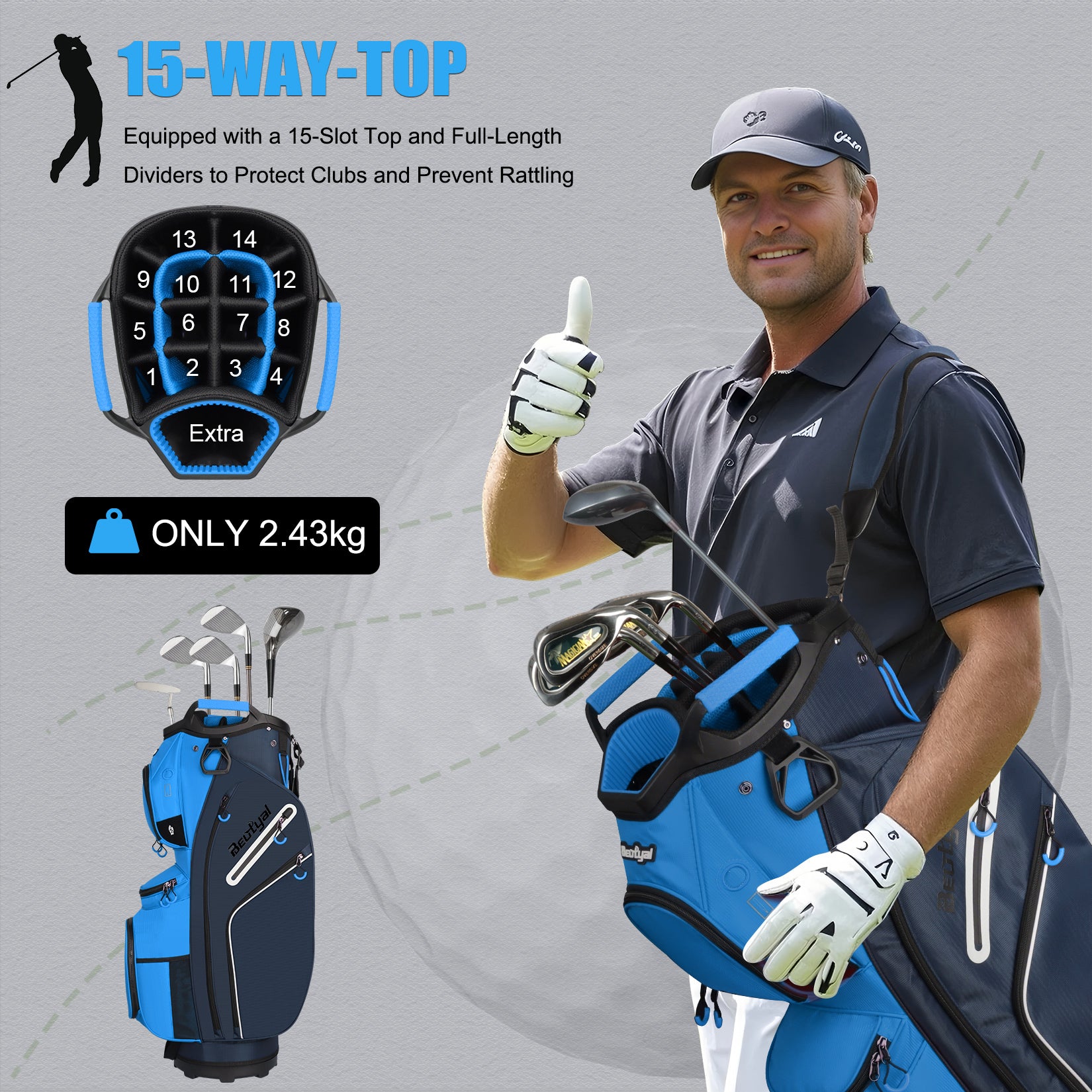 15-Way Golf Cart Bag with Cooler, Handles, Rain Cover & Divider System