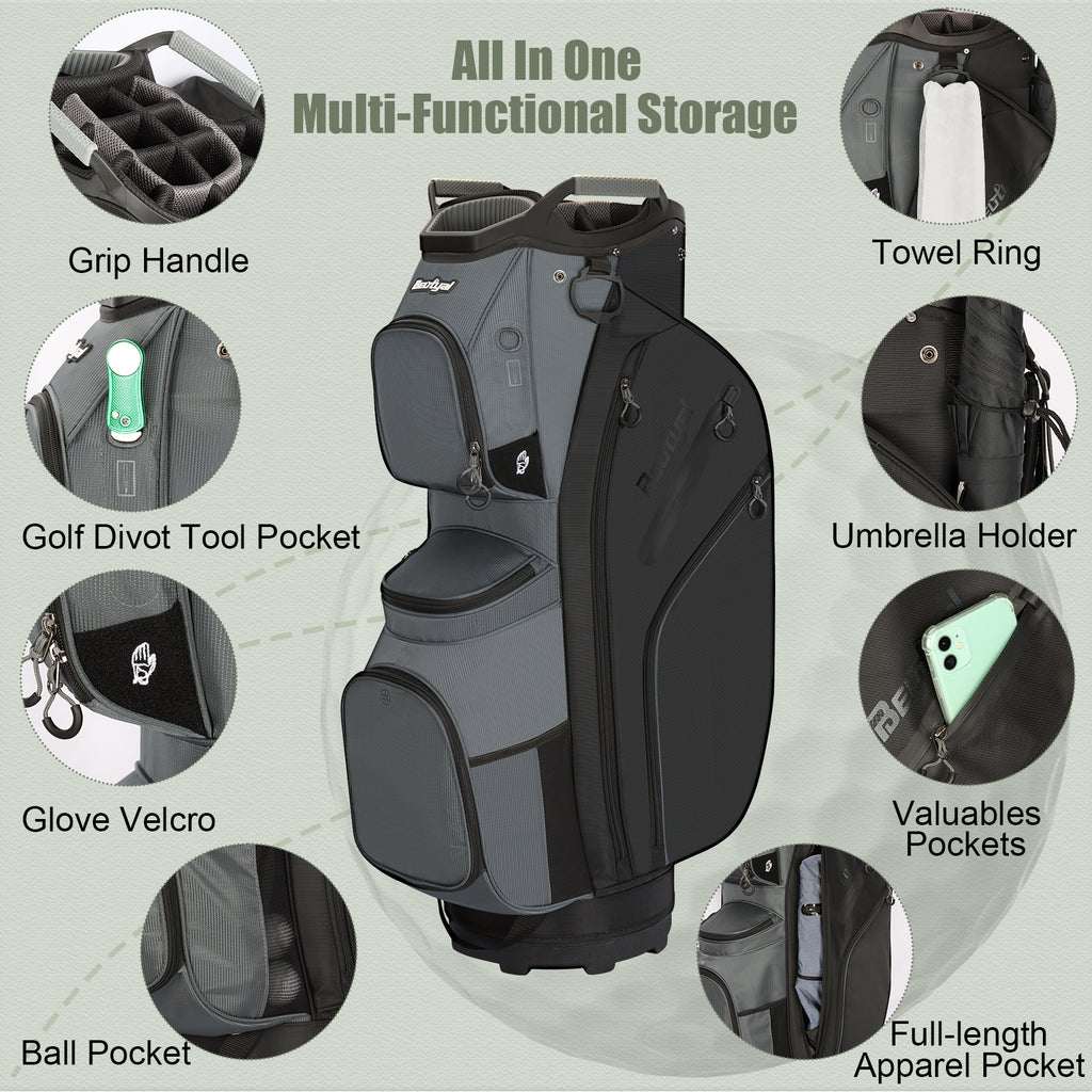 15-Way Golf Cart Bag with Cooler, Handles, Rain Cover & Divider System