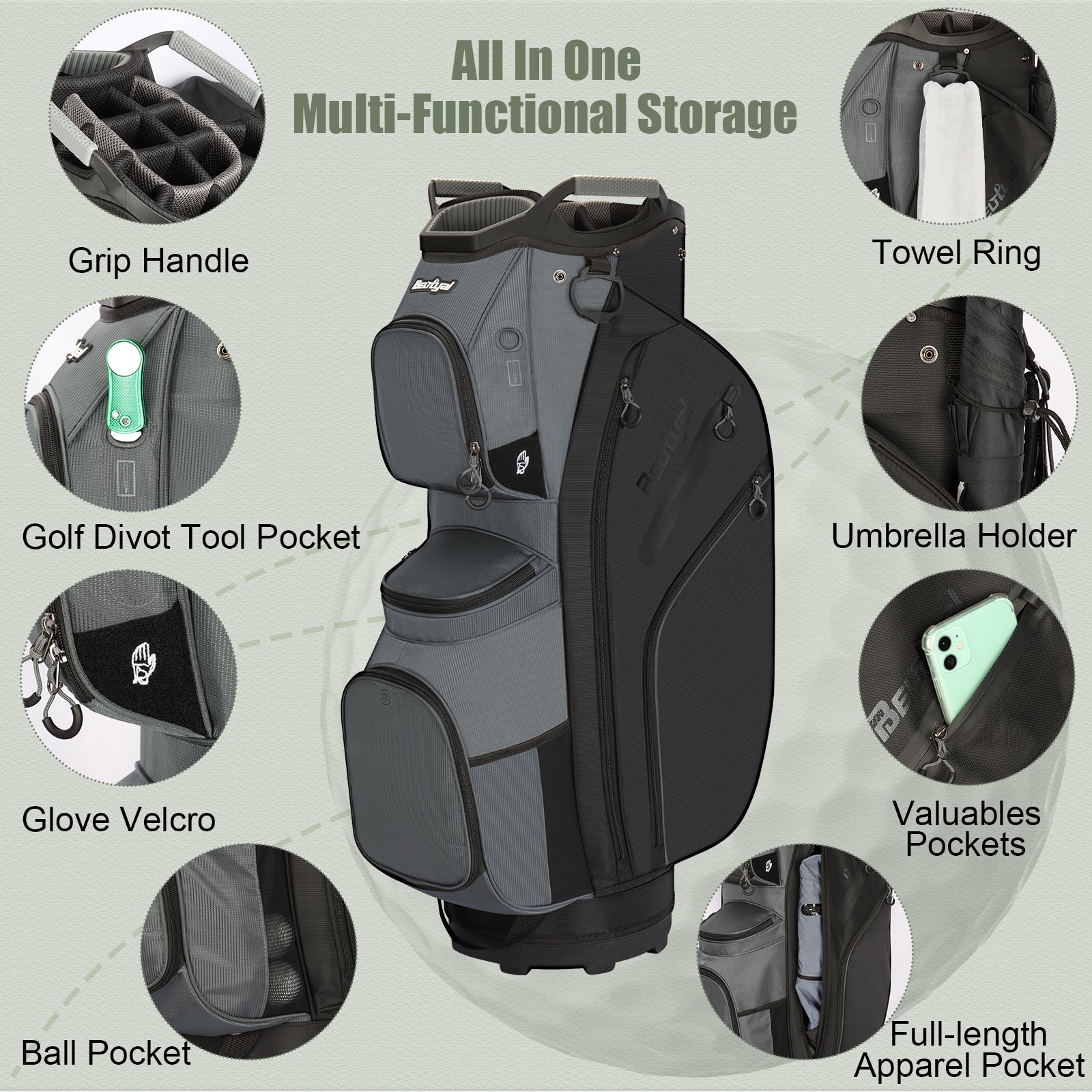 15-Way Golf Cart Bag with Cooler, Handles, Rain Cover & Divider System