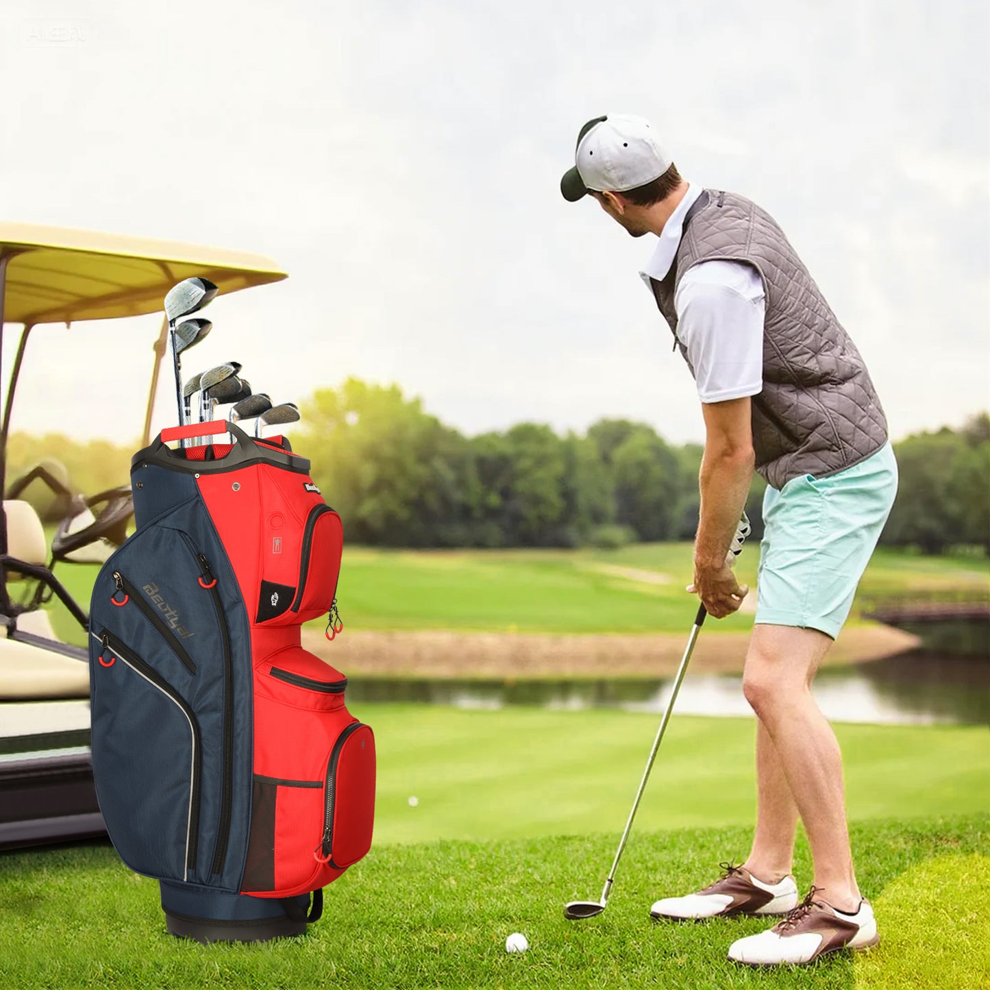 15-Way Golf Cart Bag with Cooler, Handles, Rain Cover & Divider System