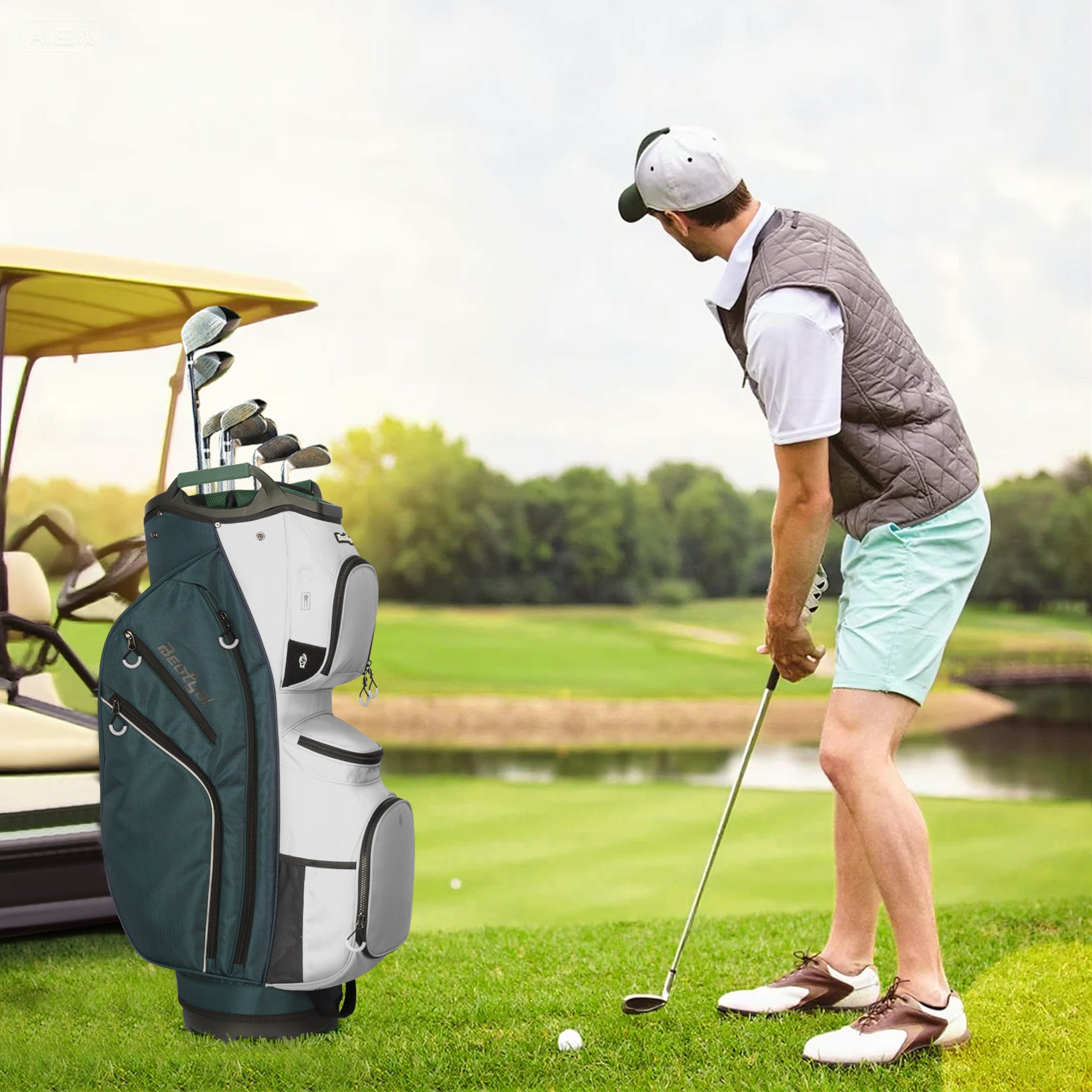 15-Way Golf Cart Bag with Cooler, Handles, Rain Cover & Divider System