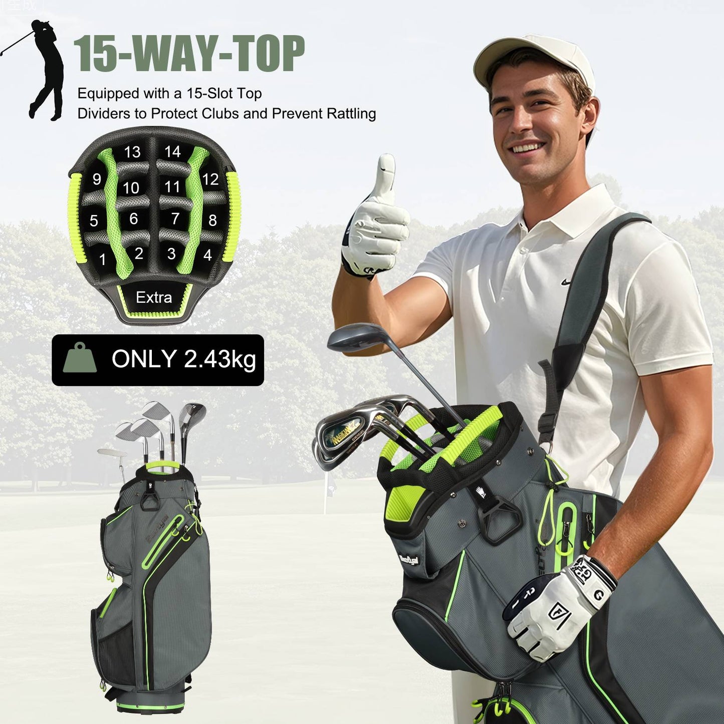 15-Way Golf Cart Bag with Cooler & Rain Cover – Lightweight for Men & Women