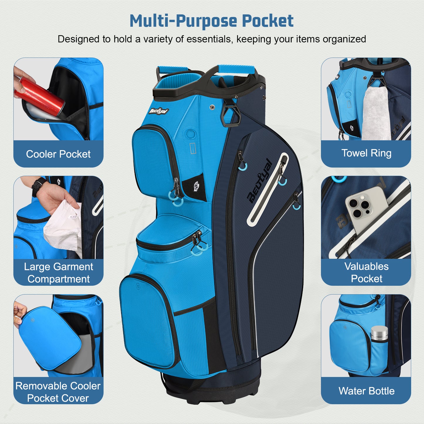 15-Way Golf Cart Bag with Cooler, Handles, Rain Cover & Divider System