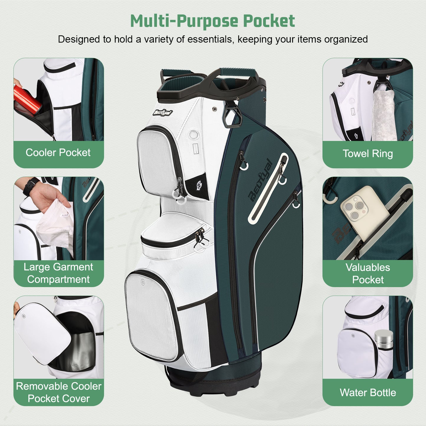 15-Way Golf Cart Bag with Cooler, Handles, Rain Cover & Divider System
